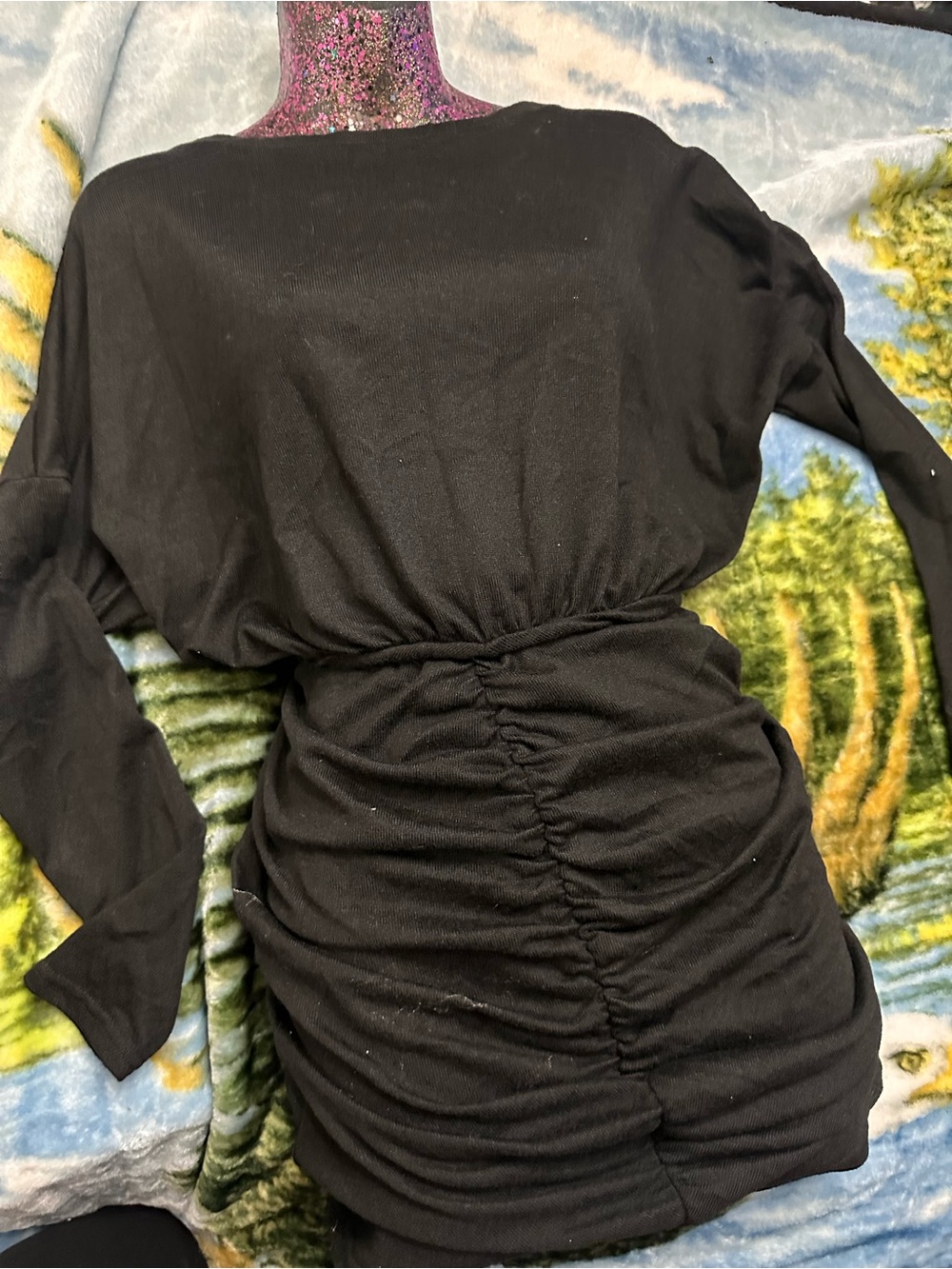SHEIN Black Long Sleeve Ruched Waist Dress
